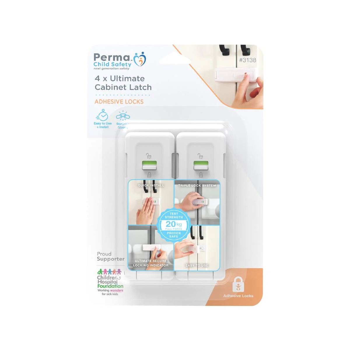 Perma Child Safety Ultimate Cabinet Latch 4 Pack - 120mm x 200mm - Secure Lock