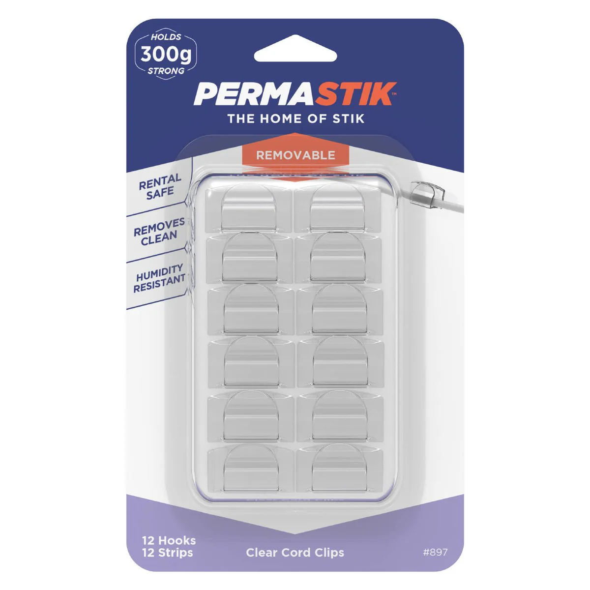Permastik Clear Cord Clips - 12 Pack - Plastic - Easy to Apply