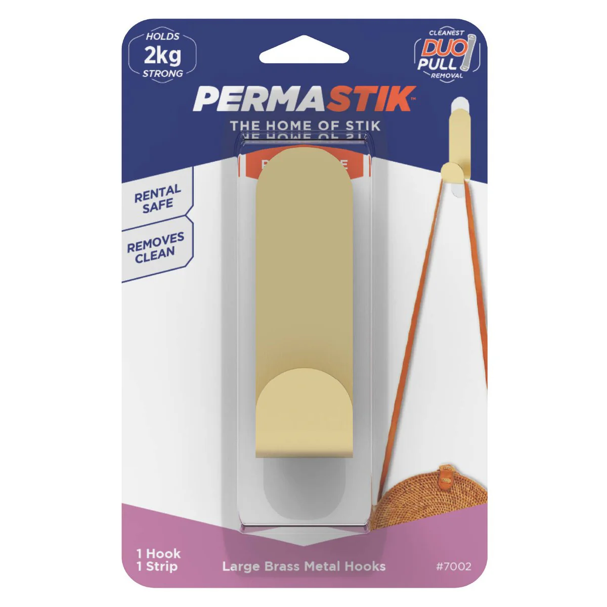 Permastik Large Brass Metal Hook - 1 Pack - Holds 2kg - Easy Application