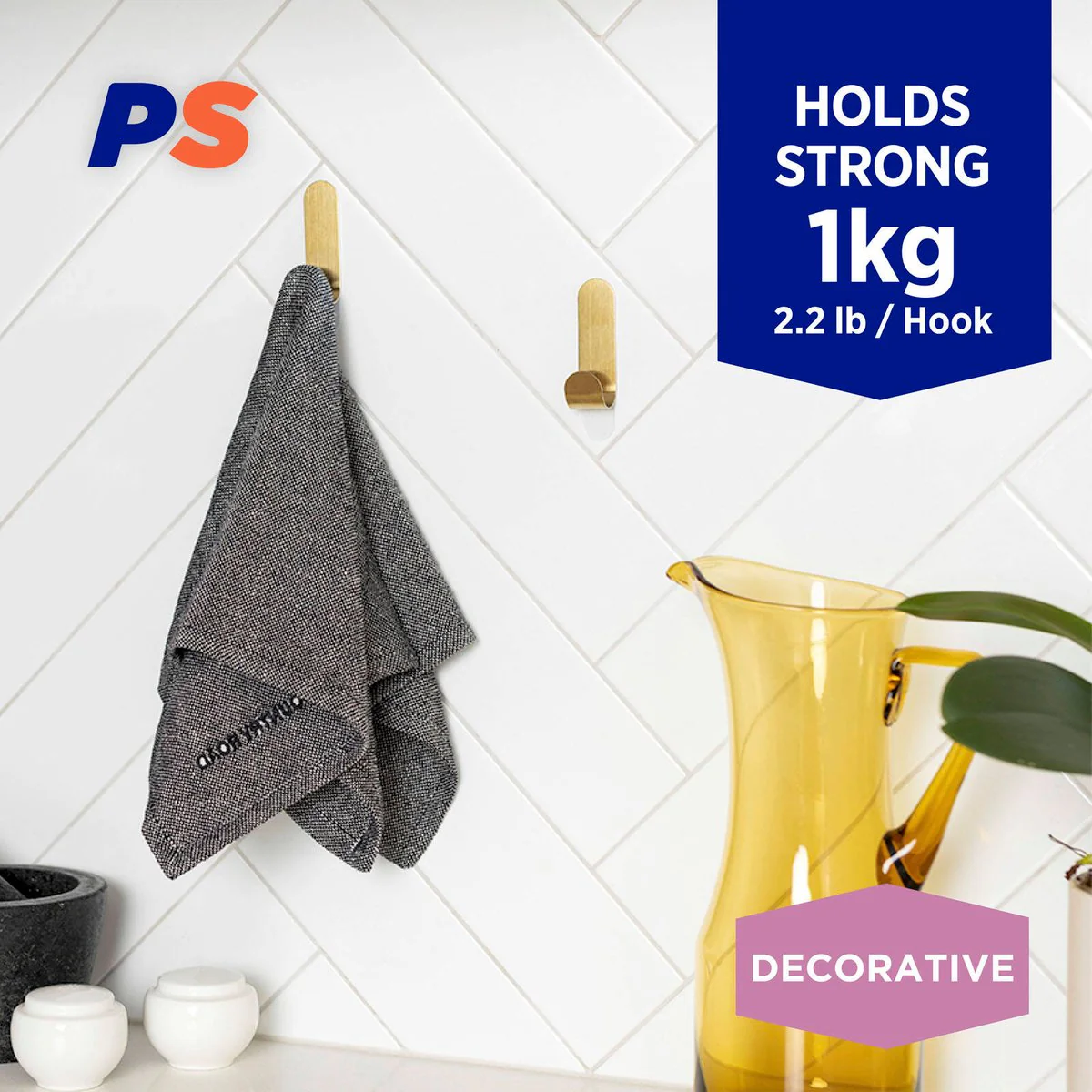 Permastik Medium Brass Metal Hooks 3 Pack - 110mm x 180mm - Holds 1kg - Image 2