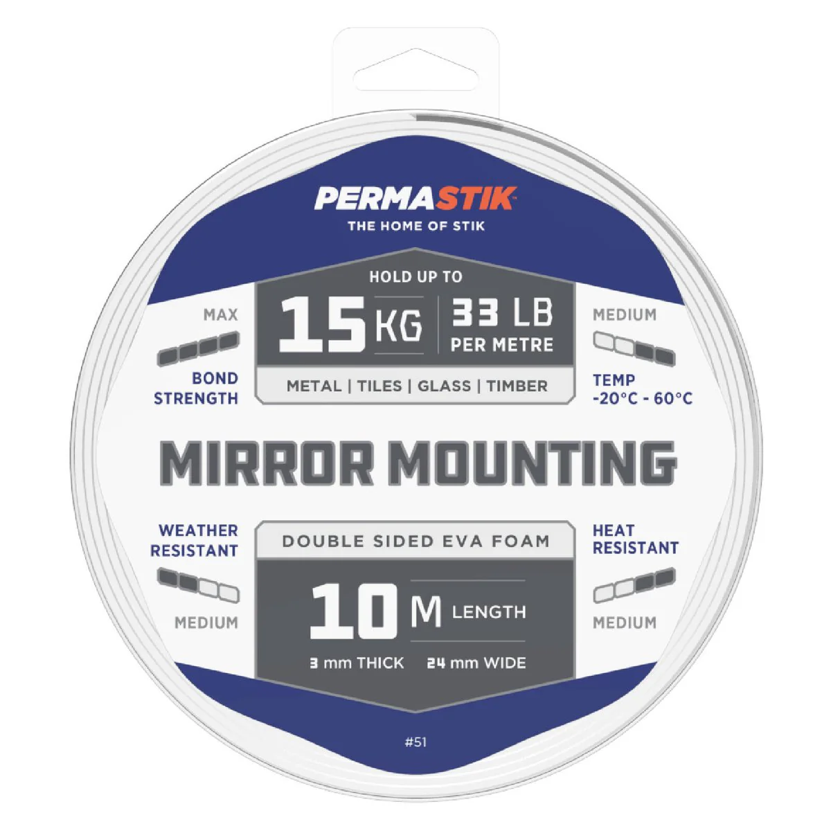 Permastik Mirror Mounting Tape - 10m x 24mm - Foam - Max Bond Strength