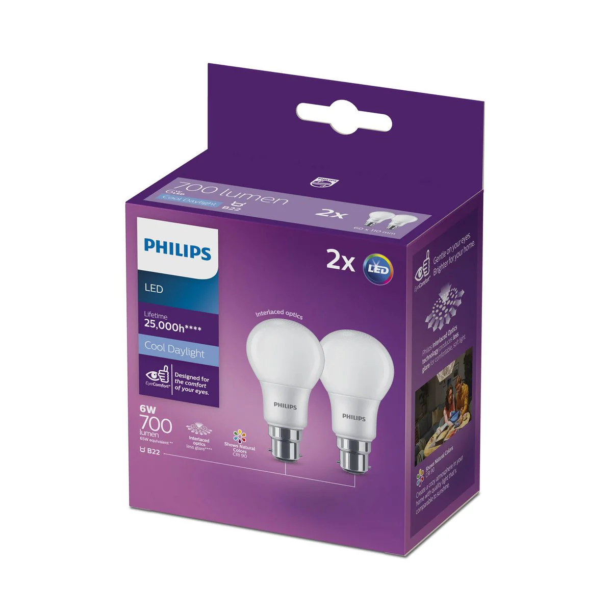 Philips A60 B22 LED Globe 700lm Cool Daylight 6W 2 Pack 61mm x 109mm