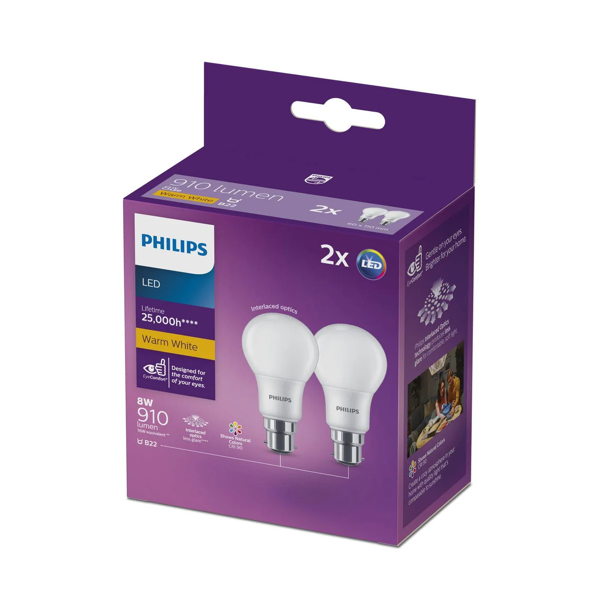 Philips A60 B22 LED Globe 2 Pack - 8W - 910lm - Warm White - 61mm x 109mm