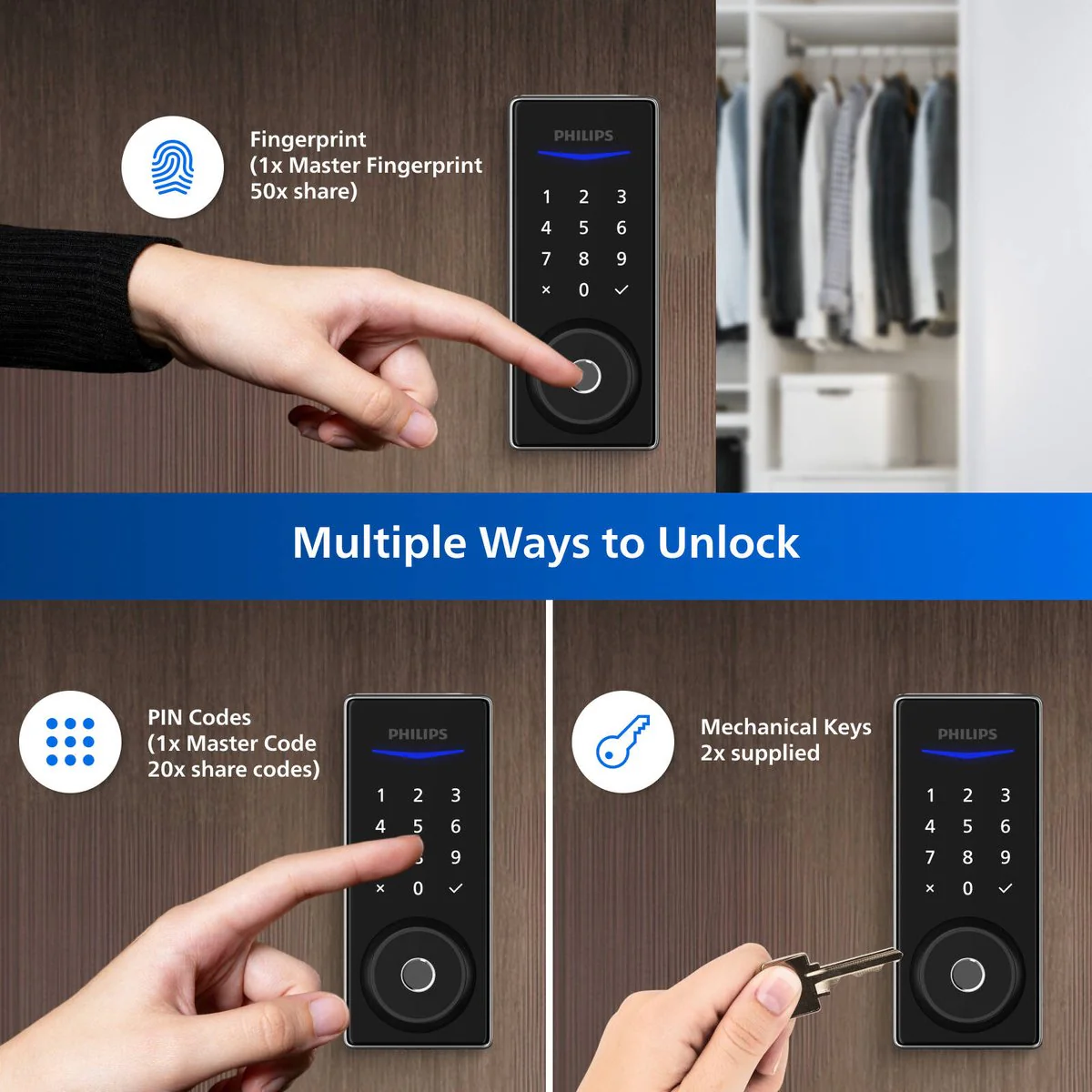 Philips Black Easykey Fingerprint Deadbolt Lock - 3 Access Modes - 700mm x 1650mm - Image 2