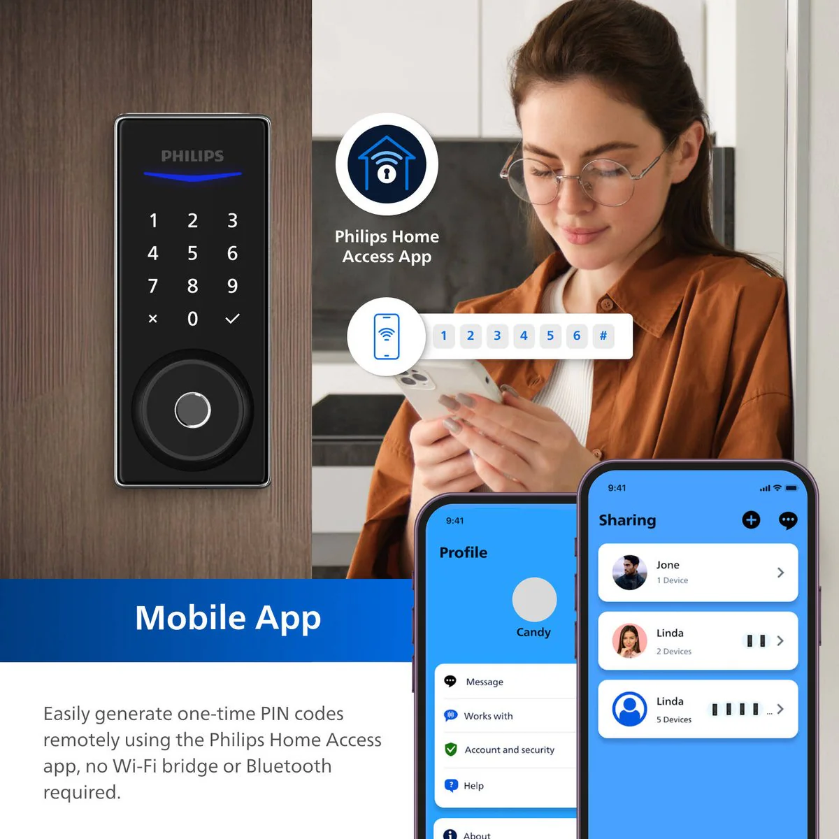 Philips Black Easykey Fingerprint Deadbolt Lock - 3 Access Modes - 700mm x 1650mm - Image 3