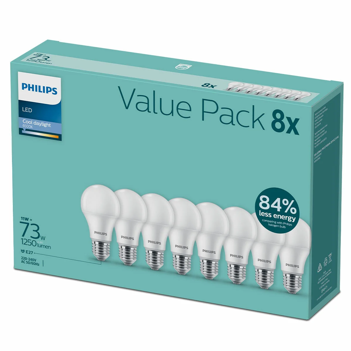 Philips Essential LED Bulb 11W E27 6500K 230V 8 Pack Cool Day Light