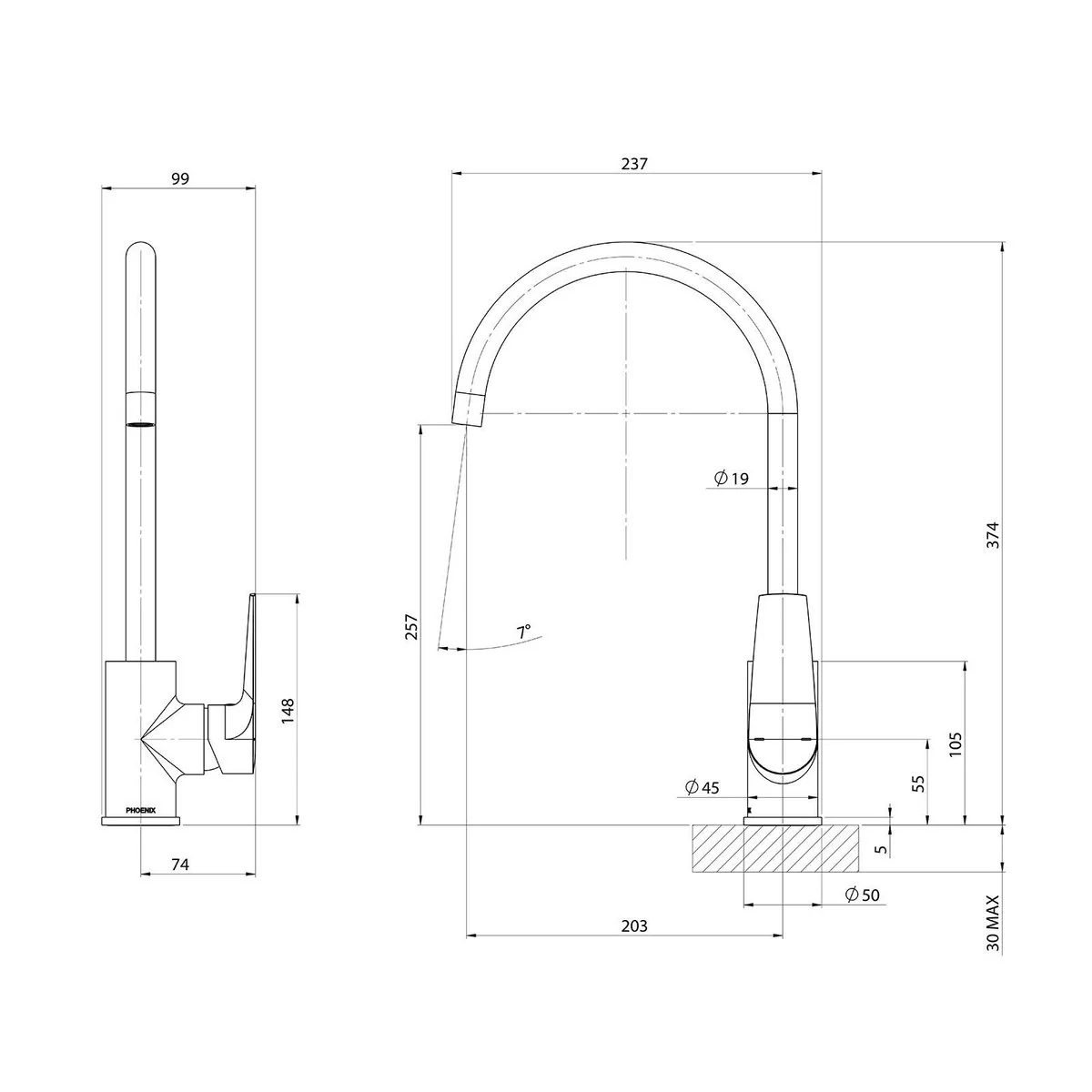 Phoenix Chrome Bailey Sink Mixer - 360° Swivel Spout - Lead-Free Brass - 99mm x 370mm x 237mm - Image 2