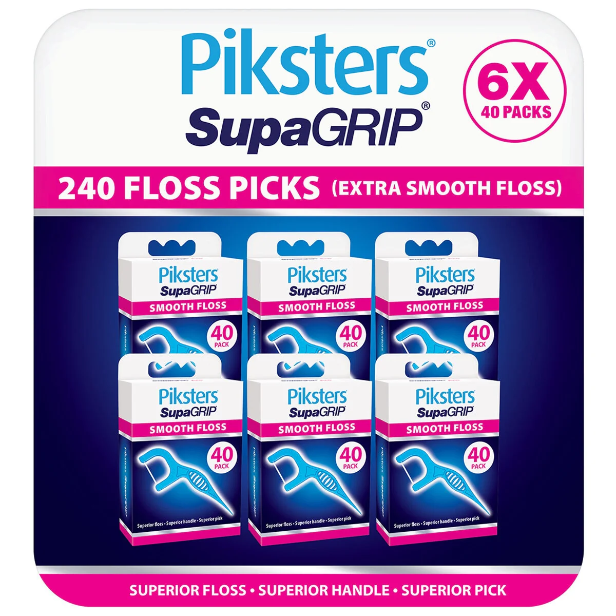 Piksters Supa Grip Floss Picks Smooth 6 x 40 Pack Portable