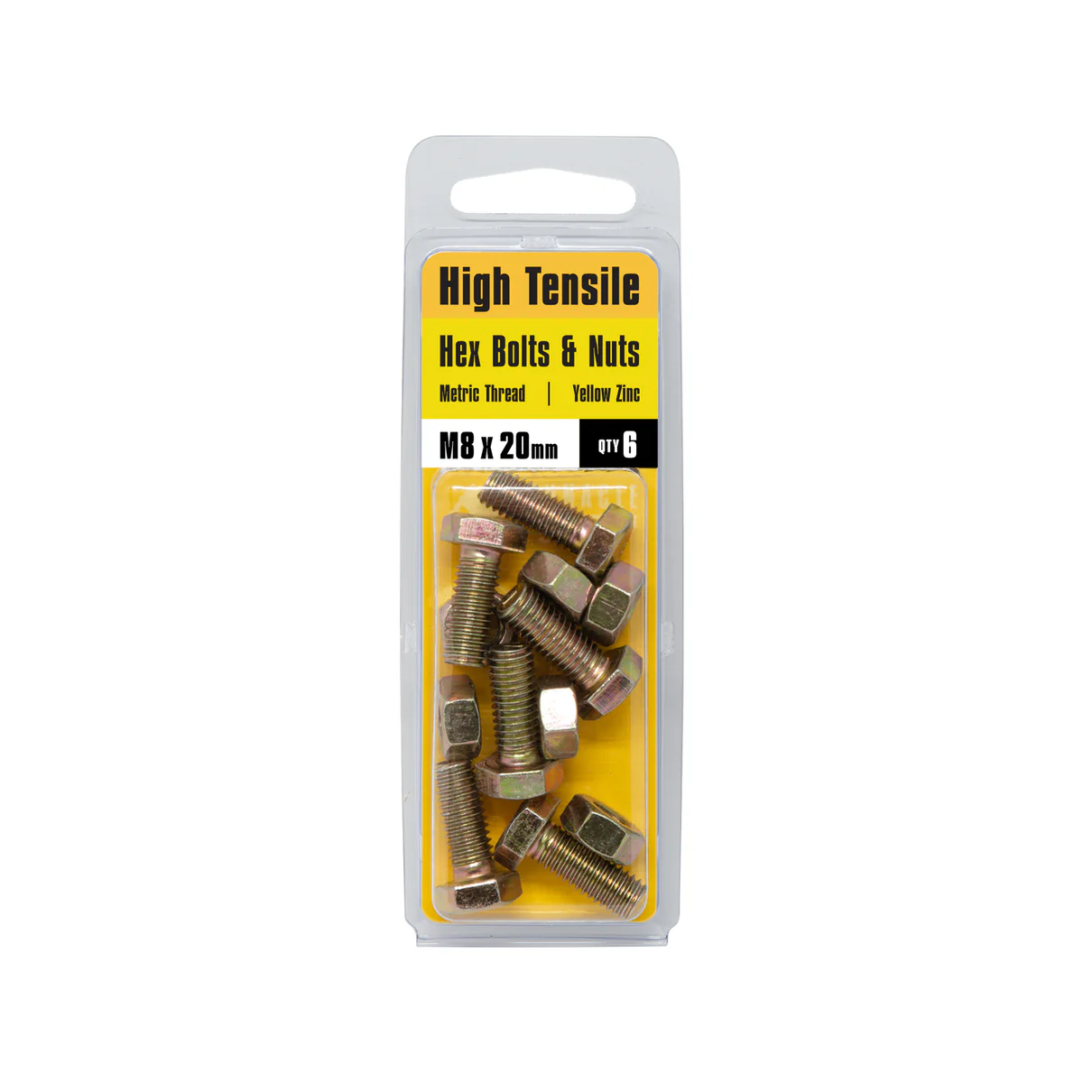 Pinnacle Hex Bolt and Nut - 8 x 20mm - Yellow Zinc - Hi Tensile - 6 Pack - Image 2
