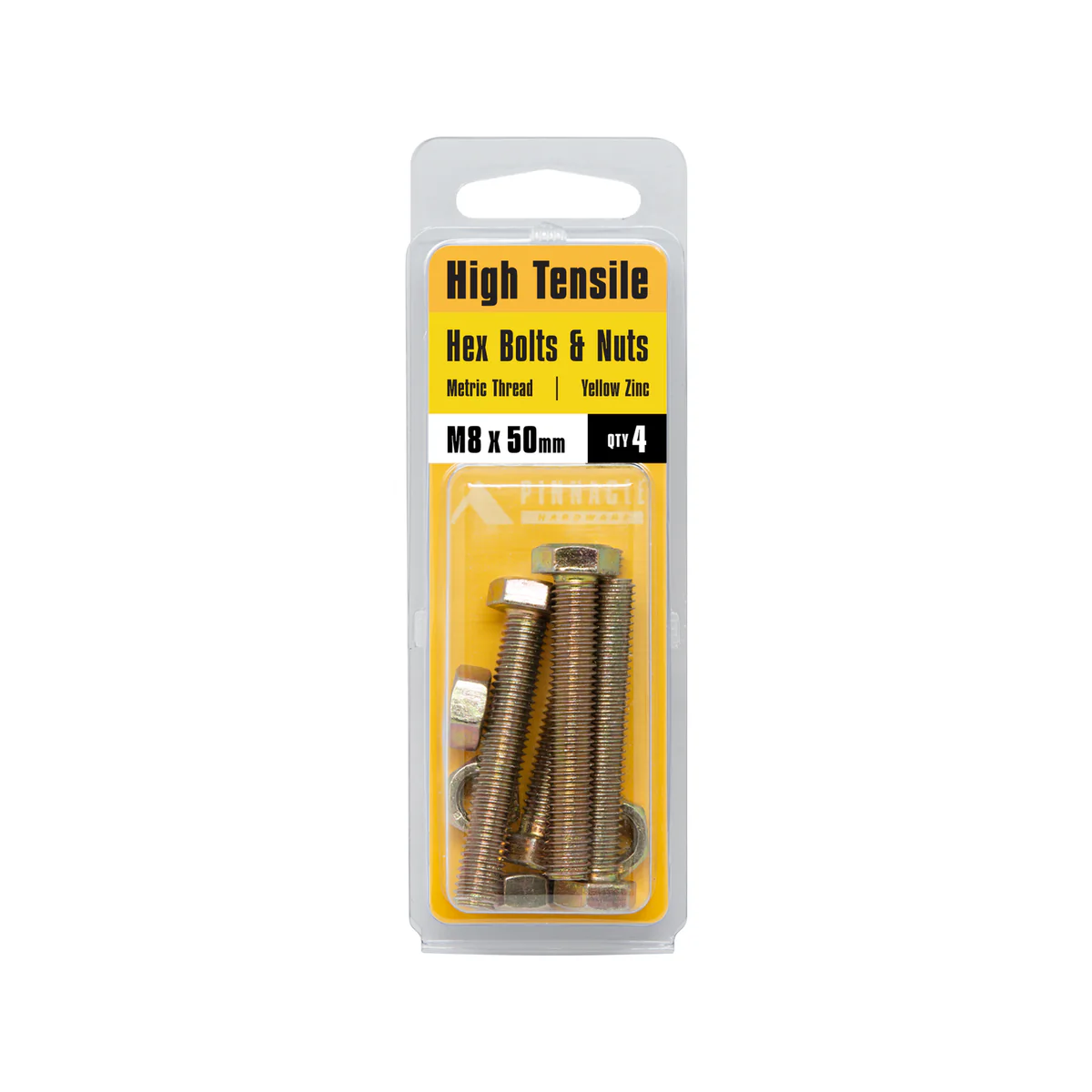 Pinnacle Hex Bolt and Nut - M8 x 50mm - Hi Tensile - Yellow Zinc - 4 Pack - Image 2