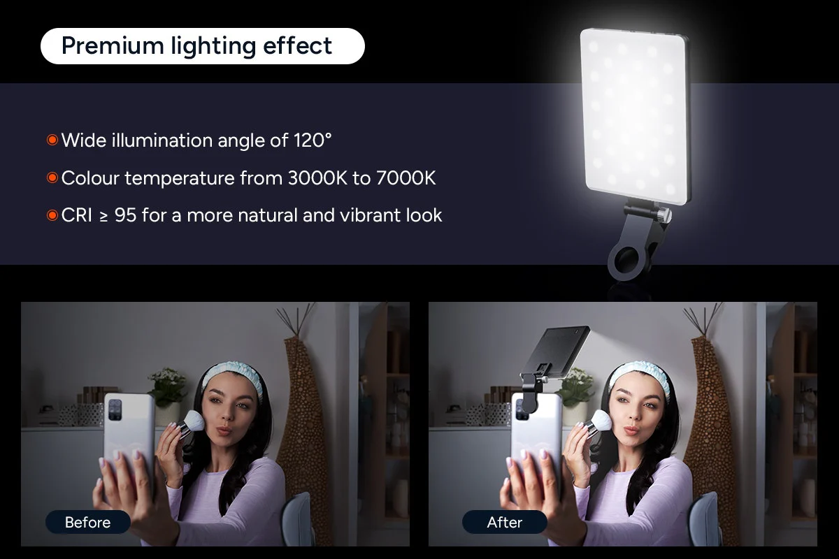 Portable 60 LED Rechargeable Selfie Light with Clip - Customizable Brightness - Image 3