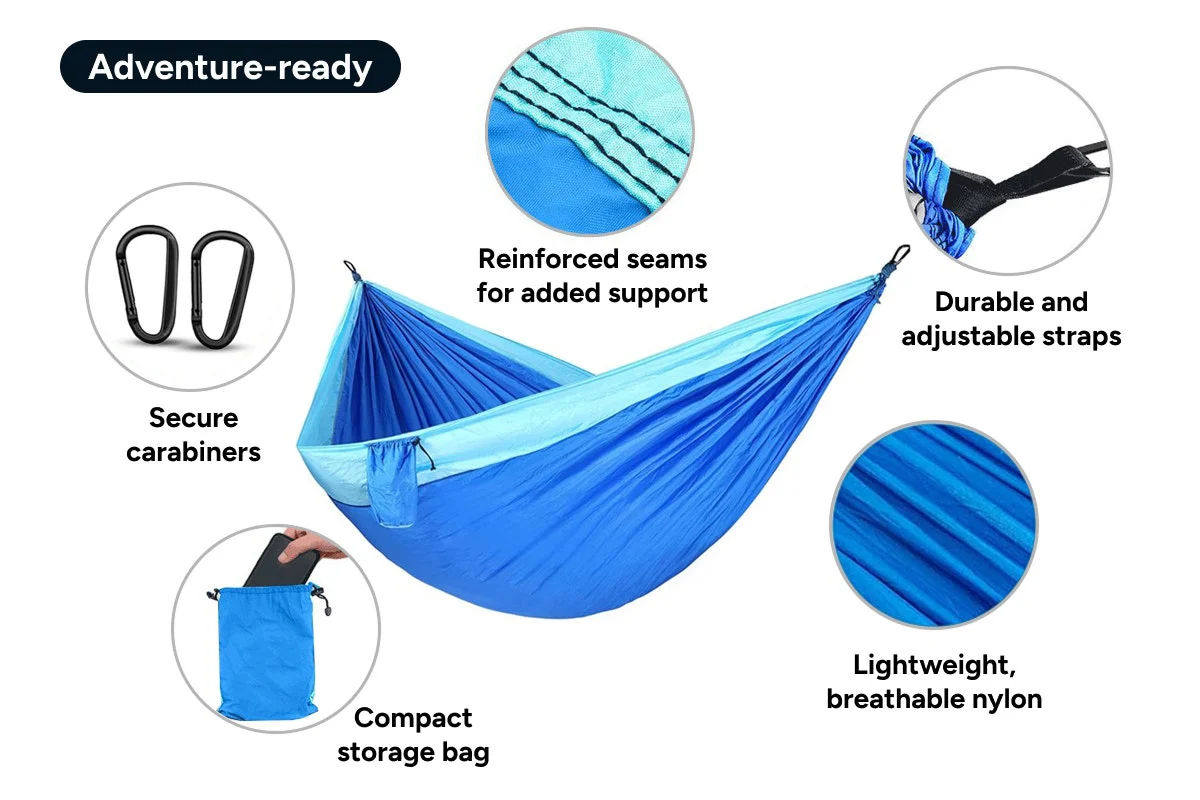 Portable Lightweight Hammock 270 x 140cm with Straps and Carabiners - Image 4