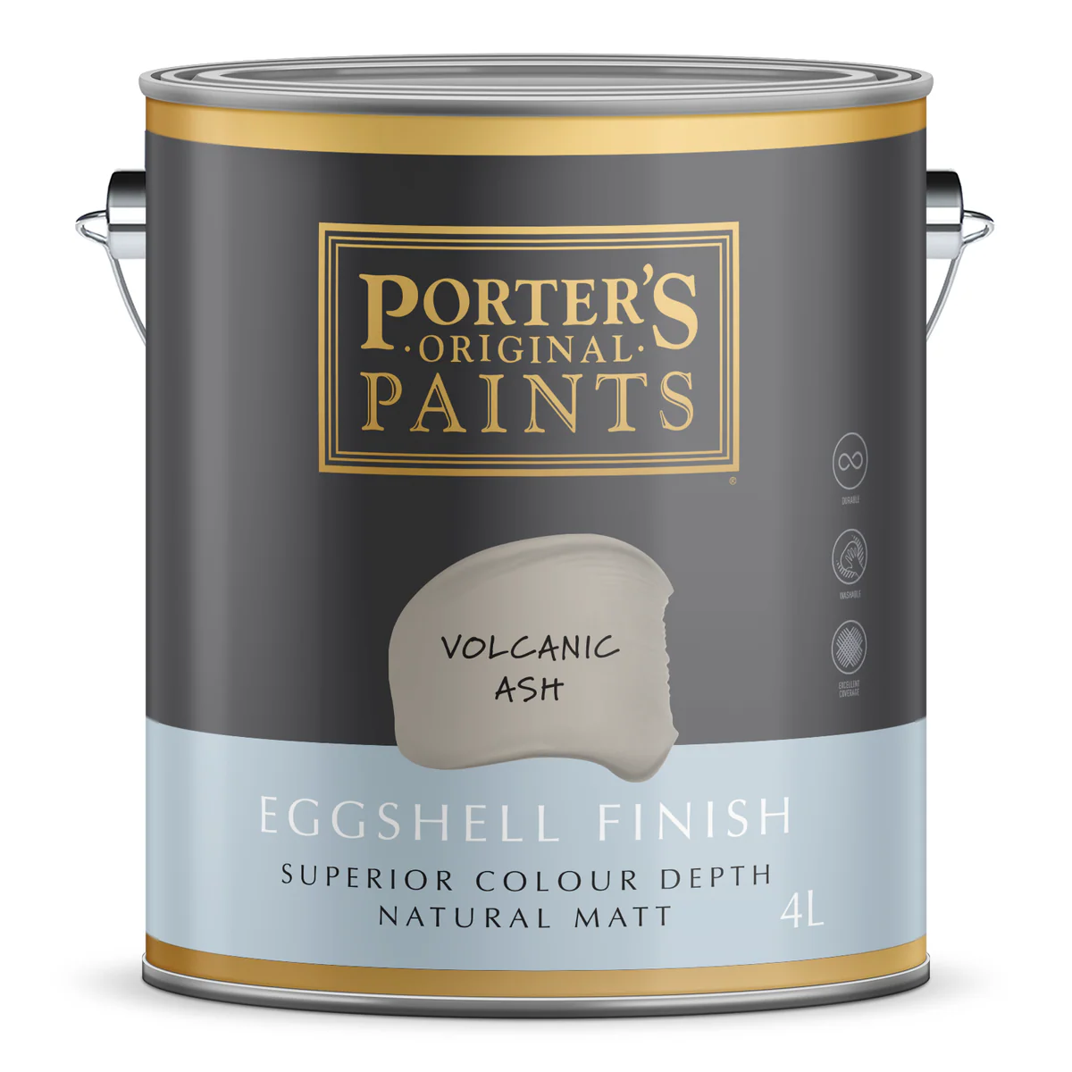 Porter S Washable Paint 4L - Volcanic Ash - Eggshell Finish - 199mm x 191mm x 178mm