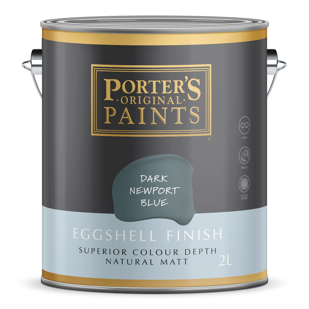 Porter S Washable Paint 2L - Dark Newport Blue - Eggshell Finish - 162mm x 156mm x 141mm