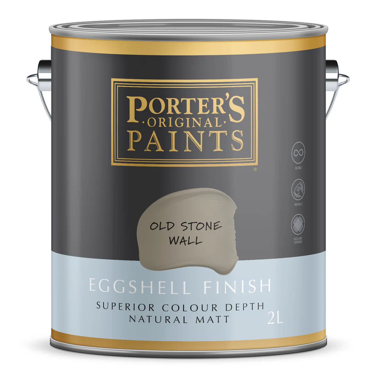 Porter S Washable Paint - 2L - Old Stone Wall - Eggshell Finish - 162mm x 156mm x 141mm