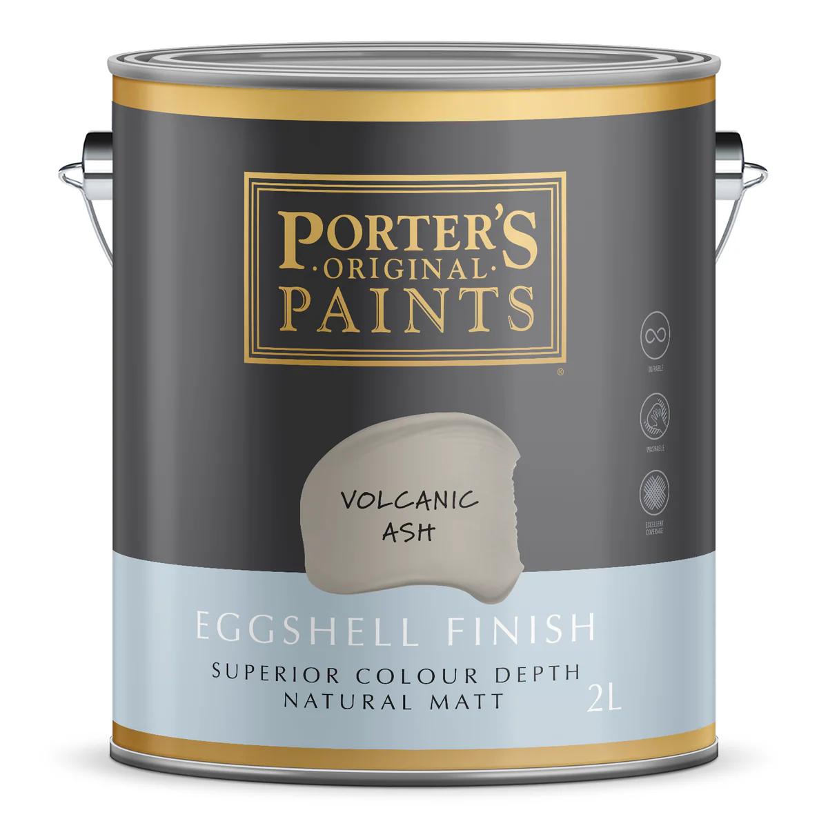Porter S Washable Paint - 2L - Volcanic Ash - Eggshell Finish - 162mm x 156mm x 141mm