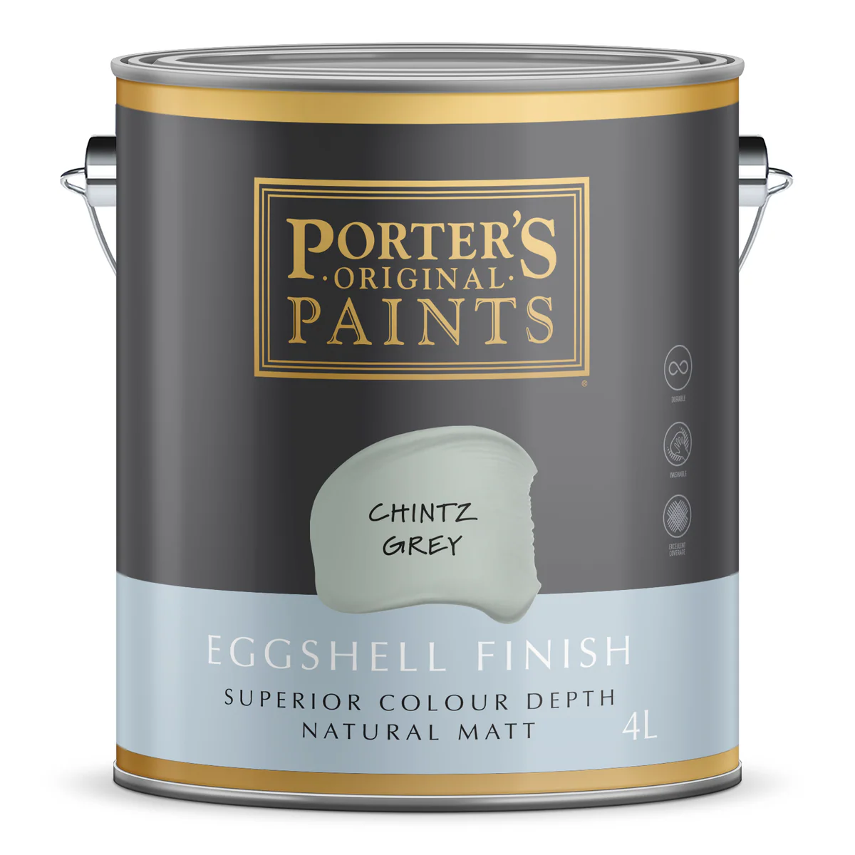 Porter S Washable Paint 4L - Chintz Grey - Eggshell Finish - 199mm x 191mm x 178mm