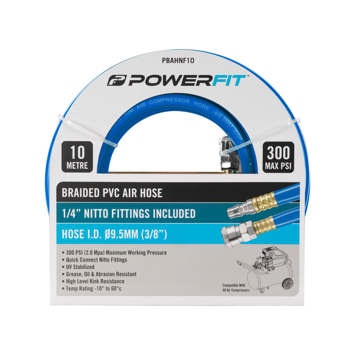 Powerfit 10m Braided Air Hose - Nitto Fittings - ¼” BSP - 300 PSI