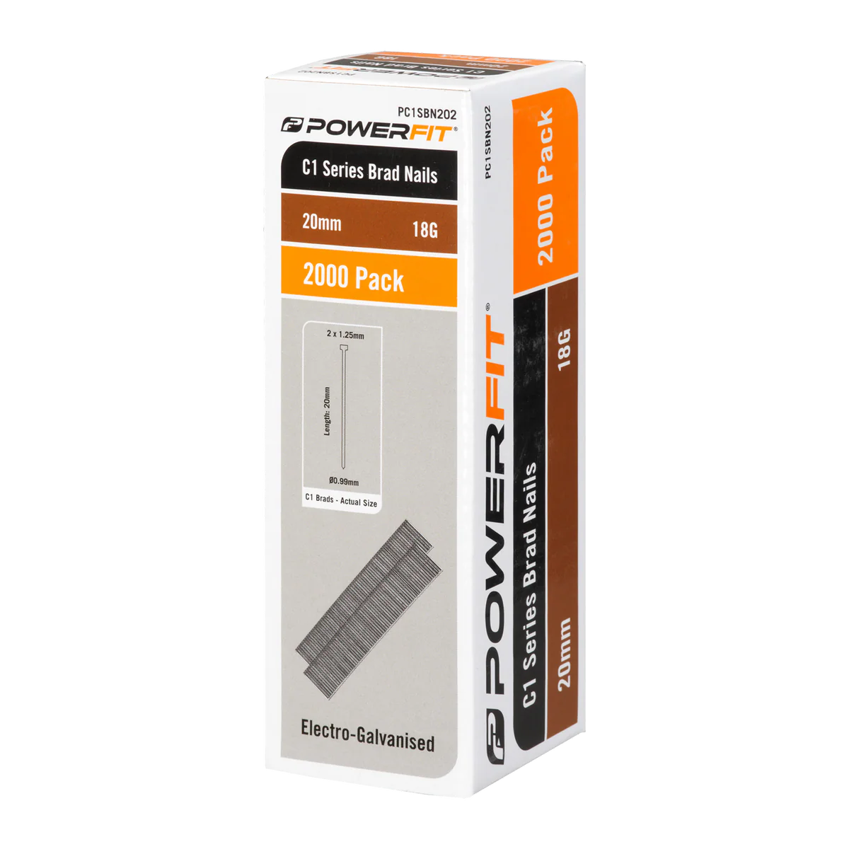 Powerfit 20mm C1 Series Brad Nails - 2000 Pack - Electro-Galvanised - 18 Gauge