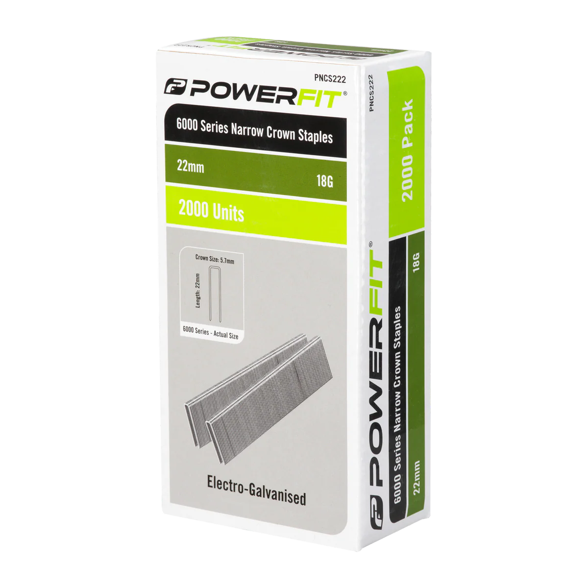 Powerfit 22mm Electro Galvanised Narrow Crown Staples - 2000 Pack - Corrosion Resistant