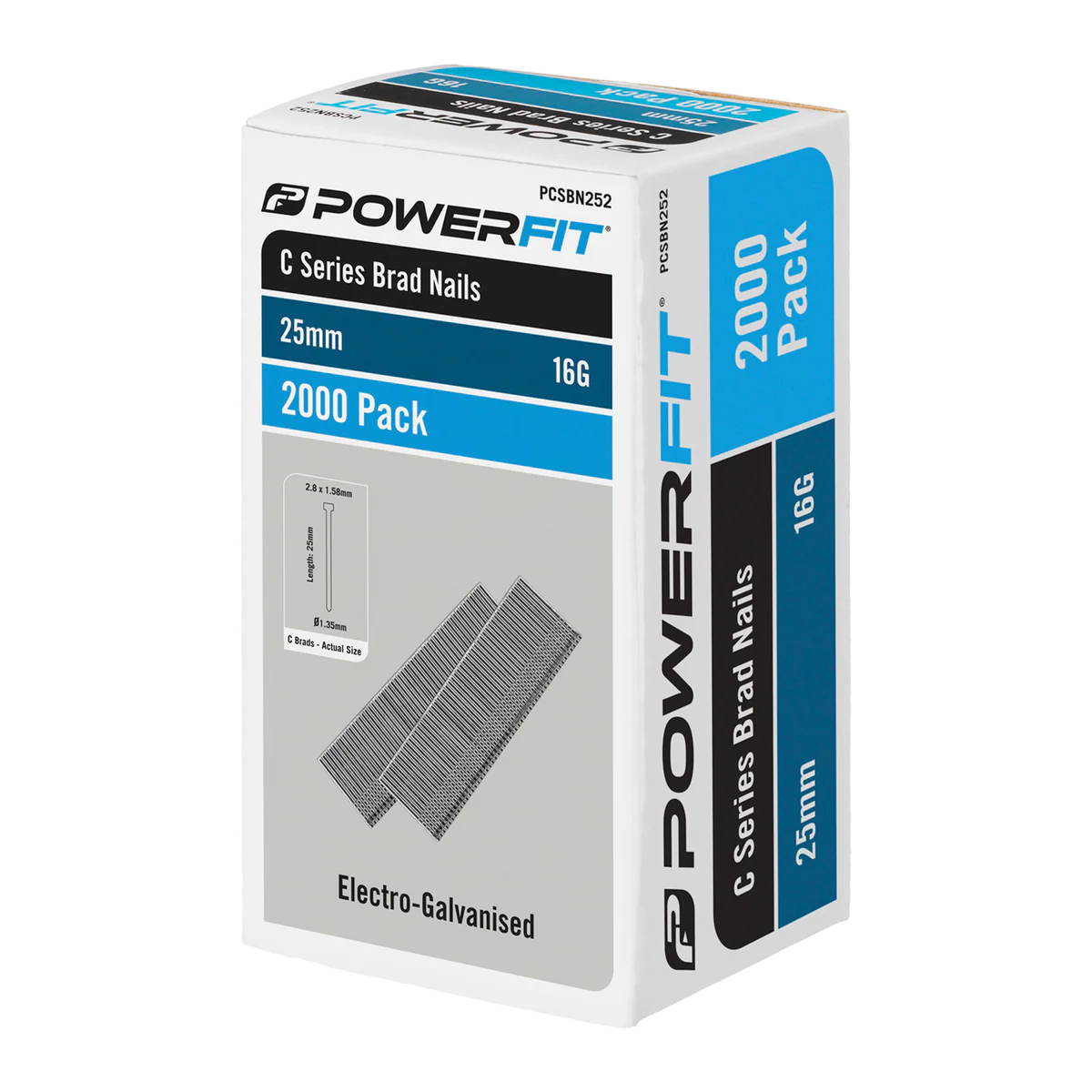 Powerfit 25mm C Series Brad Nails - 2000 Pack - Electro Galvanised - 16 Gauge