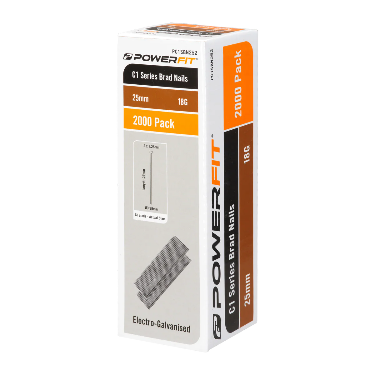 Powerfit 25mm C1 Series Brad Nails - 2000 Pack - Electro Galvanised - Durable