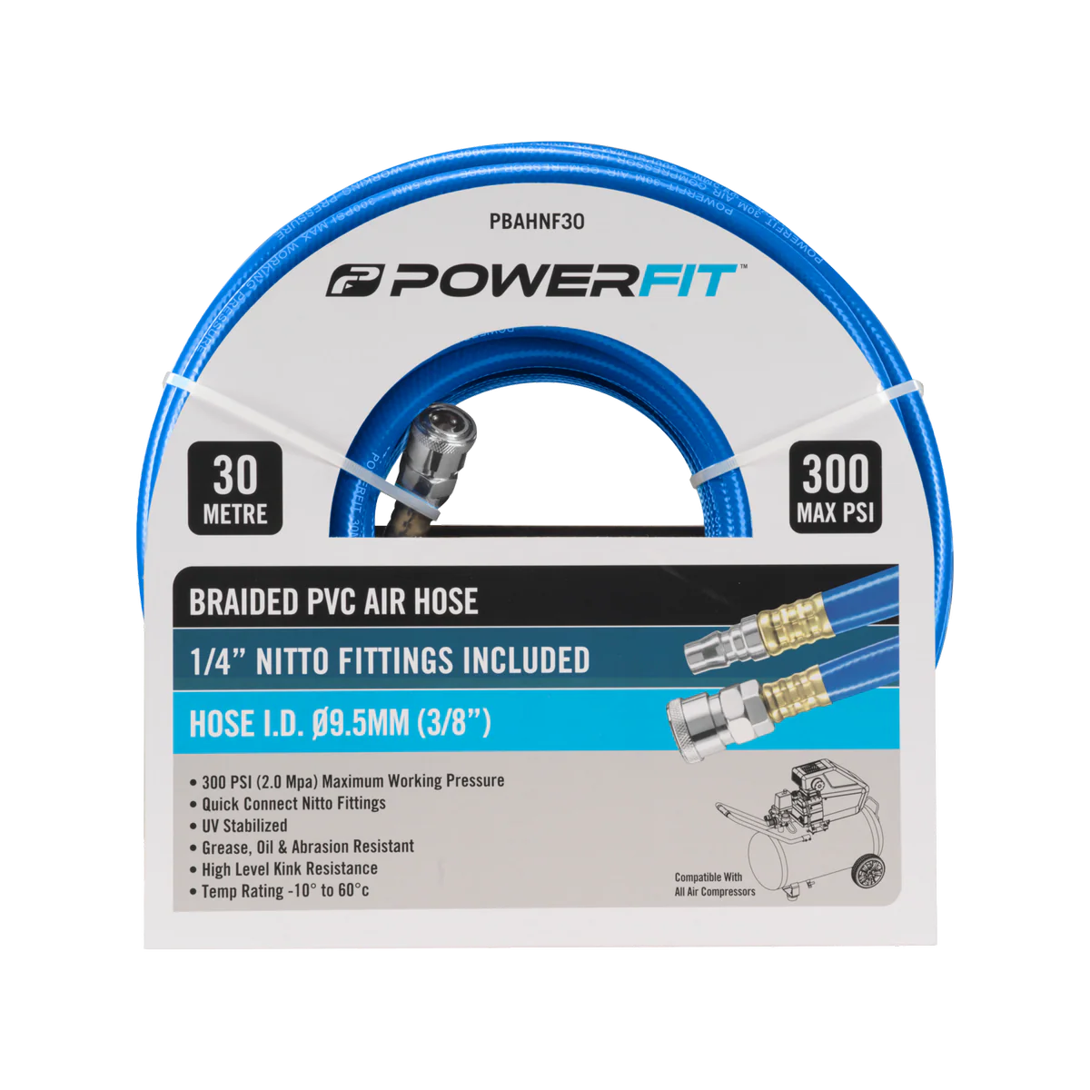 Powerfit 30m Braided Air Hose - Nitto Fittings - 300 PSI - Durable PVC