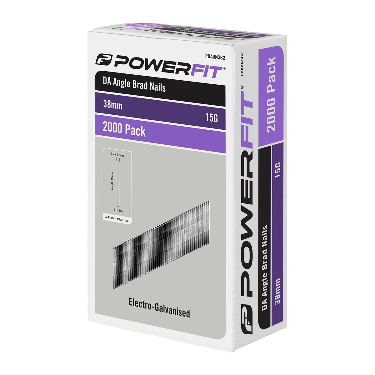Powerfit 38mm Electro Galvanised DA Angled Brad Nails - 2000 Pack - Corrosion Resistant - 15-Gauge