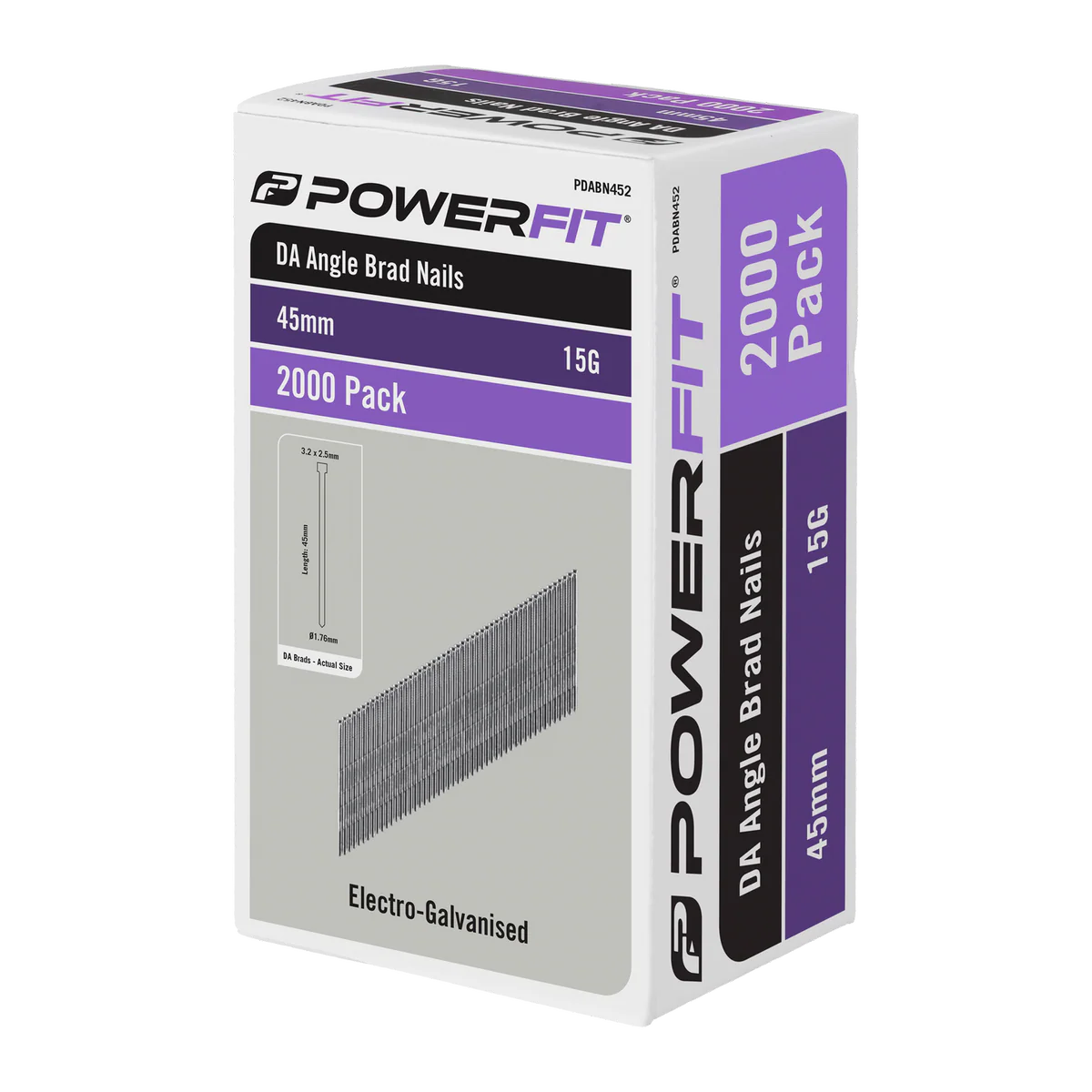 Powerfit 45mm Electro Galvanised DA Angled Brad Nails - 2000 Pack - Corrosion Resistant - 15-Gauge
