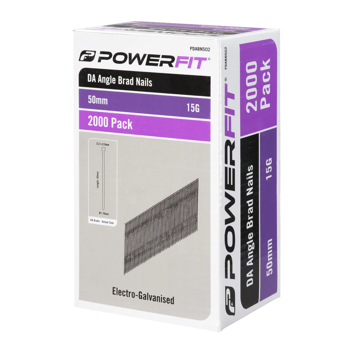 Powerfit 50mm Electro Galvanised DA Angled Brad Nails - 2000 Pack - Corrosion Resistant