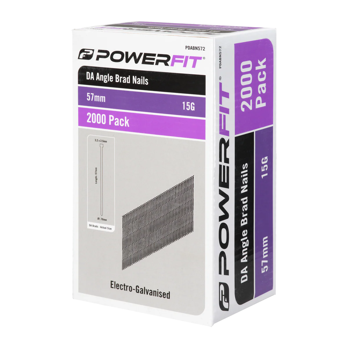 Powerfit 57mm Electro Galvanised DA Angled Brad Nails - 2000 Pack - Corrosion Resistant - 15-Gauge
