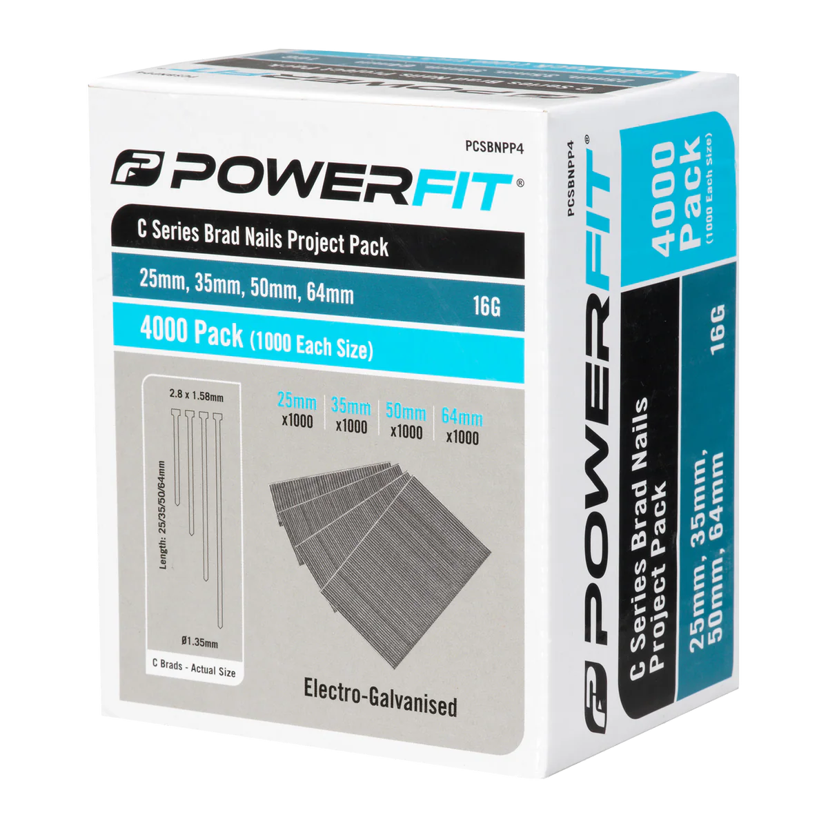 Powerfit C Series Brad Nails Project Pack - 4000 Nails - 25mm 35mm 50mm 64mm - Electro Galvanised