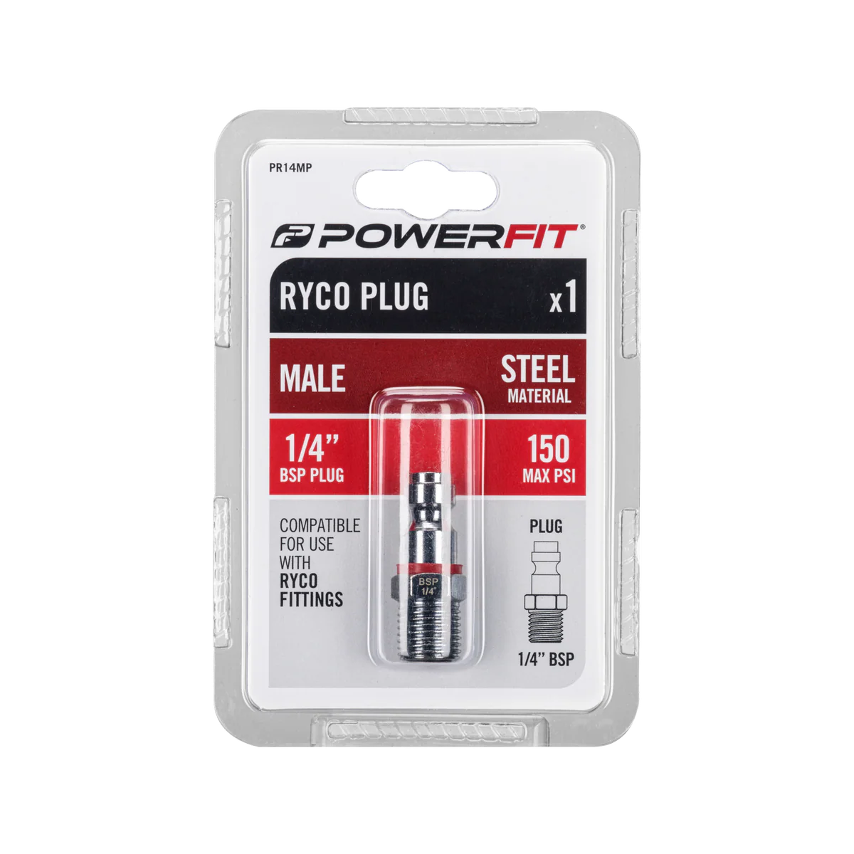 Powerfit Ryco Style 1/4" Male Plug - 150PSI - Solid Steel - Durable - Image 2