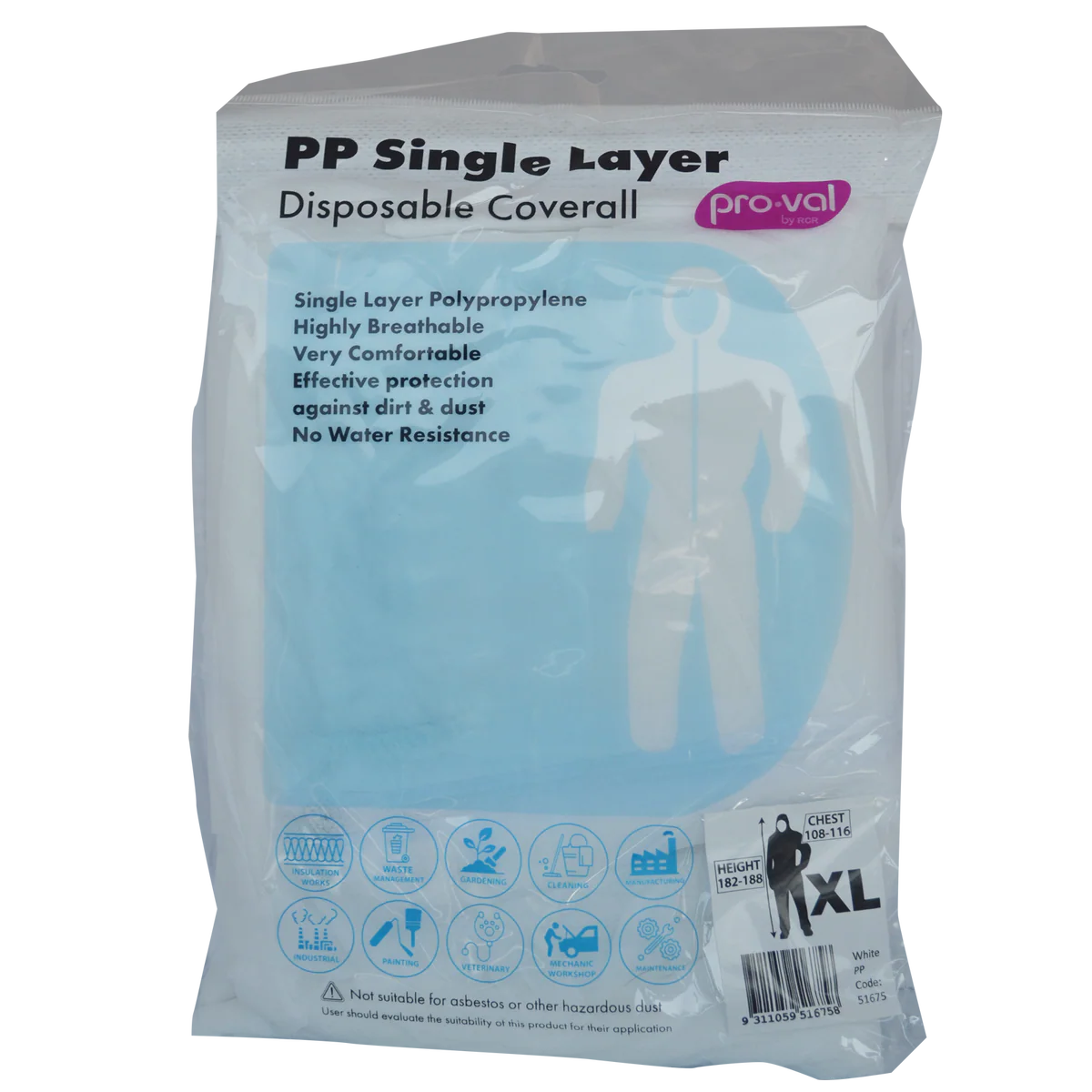 Pro Val Disposable Coverall XL - Single Layer Non-Woven Polypropylene - Breathable Protection