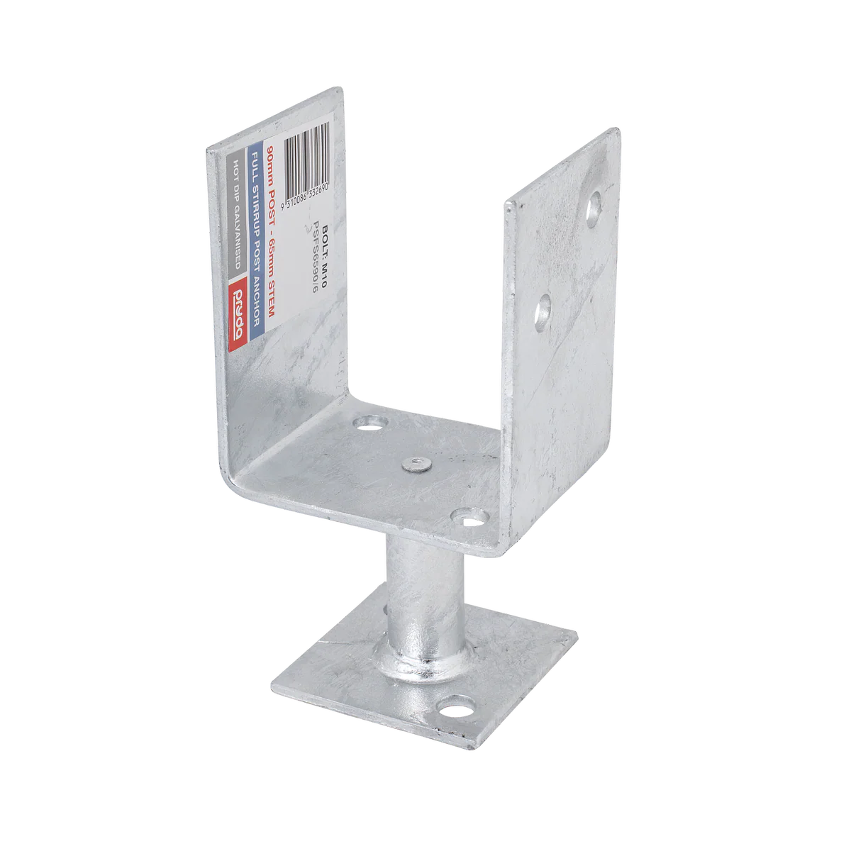 Pryda Full Stirrup Post Anchor 65x90mm M10 - Galvanised Steel - Termite Protection