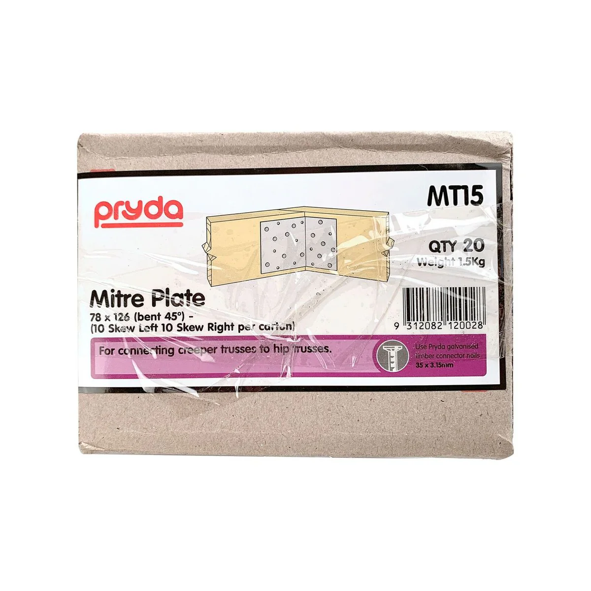 Pryda Mitre Plate - 78 x 126mm - Galvanised Steel - 45 Degree Angle - Image 3