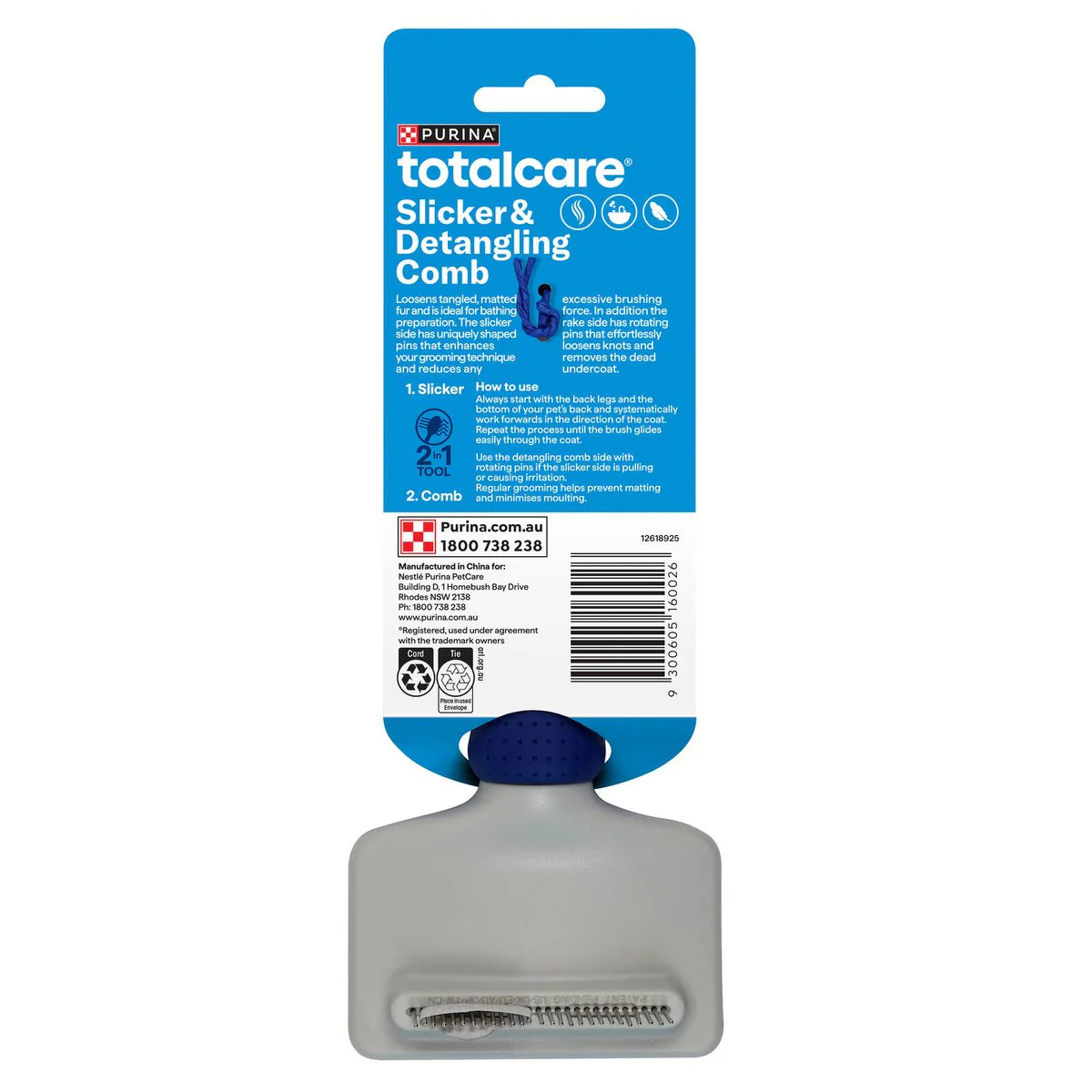 Purina Totalcare 2 in 1 Slicker Comb - 90mm x 251mm - Loosens Tangled Fur - Image 2