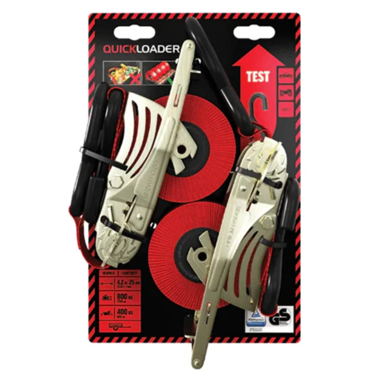 Quickloader 4 Retractable Ratchet Tie Down Strap 2 Pack - 2m 25mm - 400kg Capacity - Red