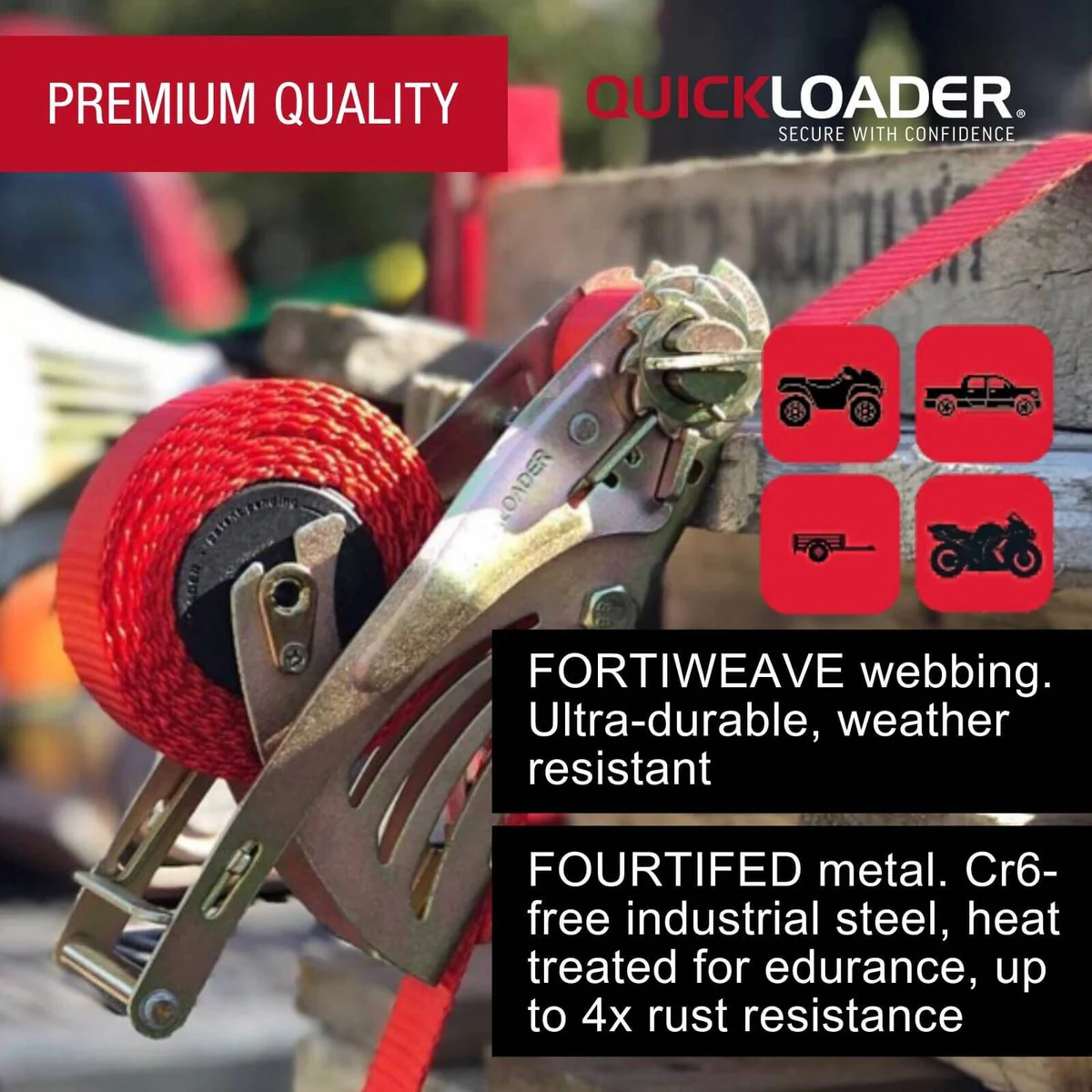 Quickloader 4 Retractable Ratchet Tie Down Strap 2 Pack - 2m 25mm - 400kg Capacity - Red - Image 3