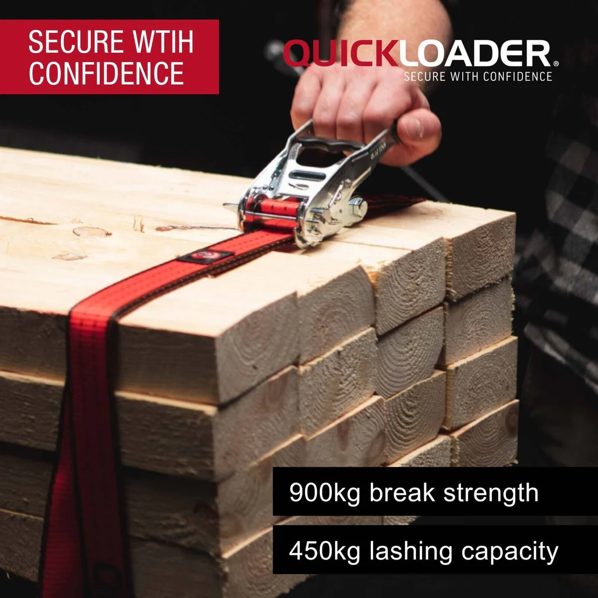 Quickloader Ratchet Tie Down Strap Hybrid 5m 450kg - Red - Steel Hooks - Durable - Image 2