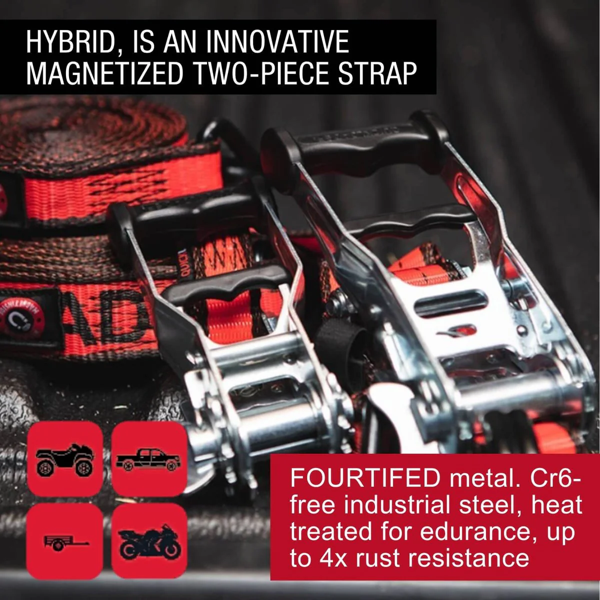 Quickloader Ratchet Tie Down Strap Hybrid 5m 450kg - Red - Steel Hooks - Durable - Image 3