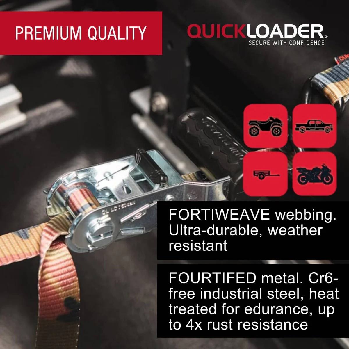 Quickloader Ratchet Tie Down Strap Hybrid 5m 450kg - Red - Steel Hooks - Durable - Image 4