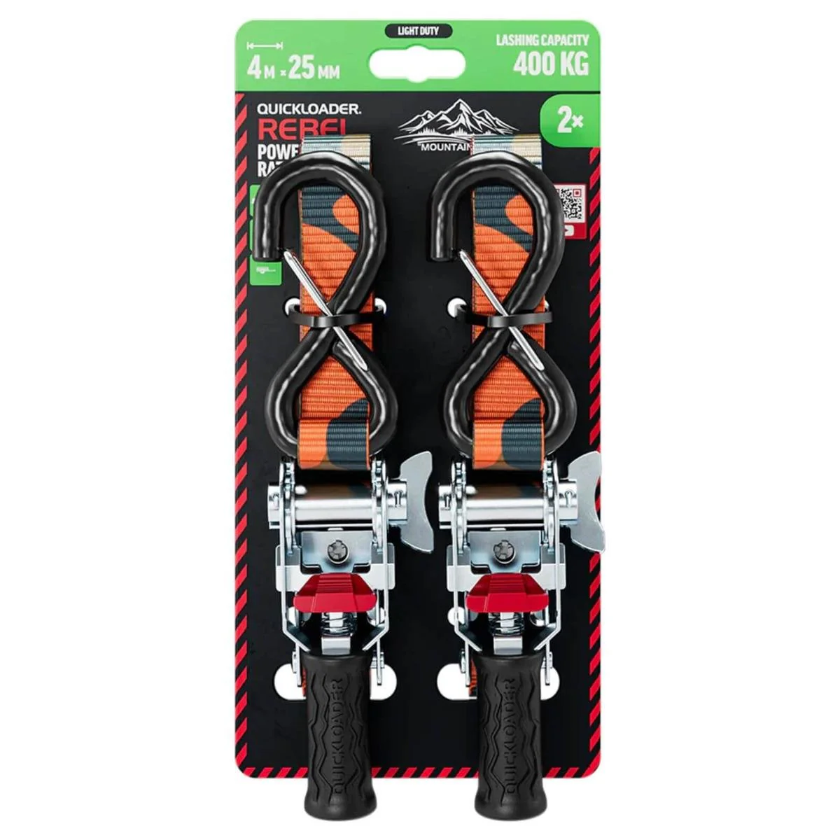 Quickloader Rebel Ratchet Strap 25mm x 4m - 400kg Lashing Capacity - 2 Pack - Orange