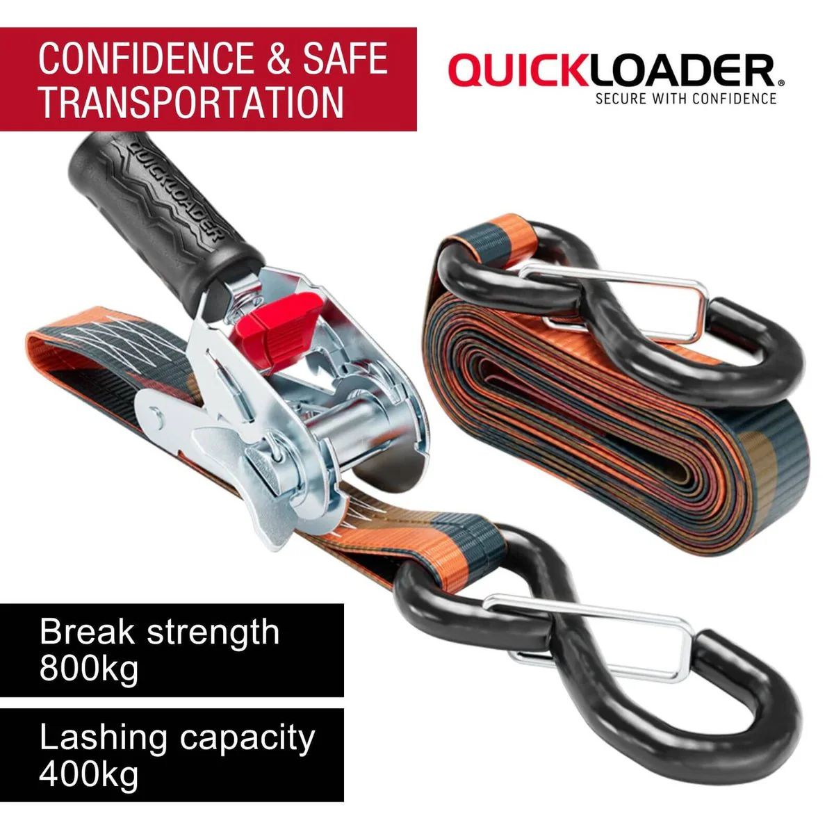 Quickloader Rebel Ratchet Strap 25mm x 4m - 400kg Lashing Capacity - 2 Pack - Orange - Image 2