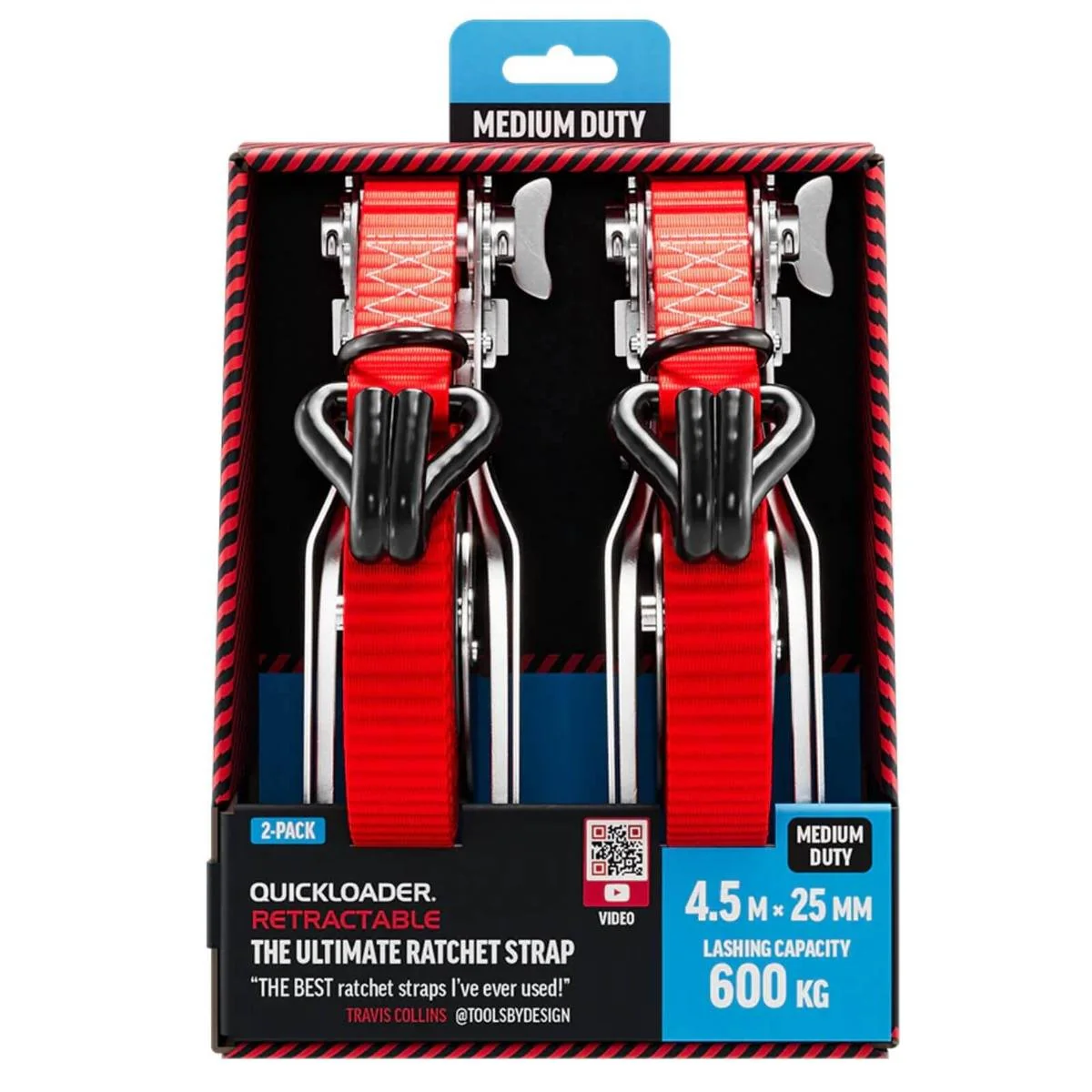 Quickloader Retractable Ratchet Strap Tie Down - 4.5m x 25mm - 600kg - 2 Pack - Durable Webbing