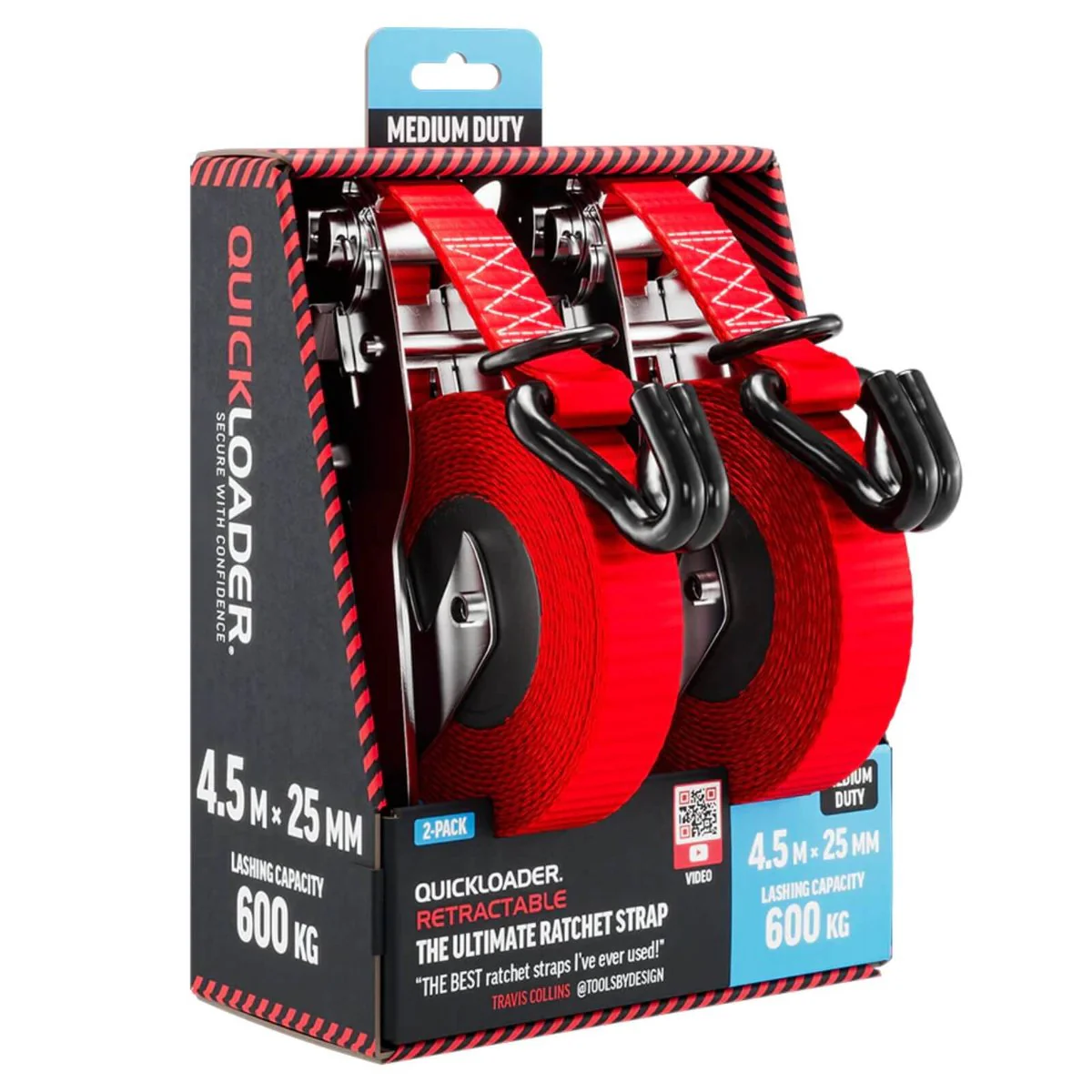 Quickloader Retractable Ratchet Strap Tie Down - 4.5m x 25mm - 600kg - 2 Pack - Durable Webbing - Image 2