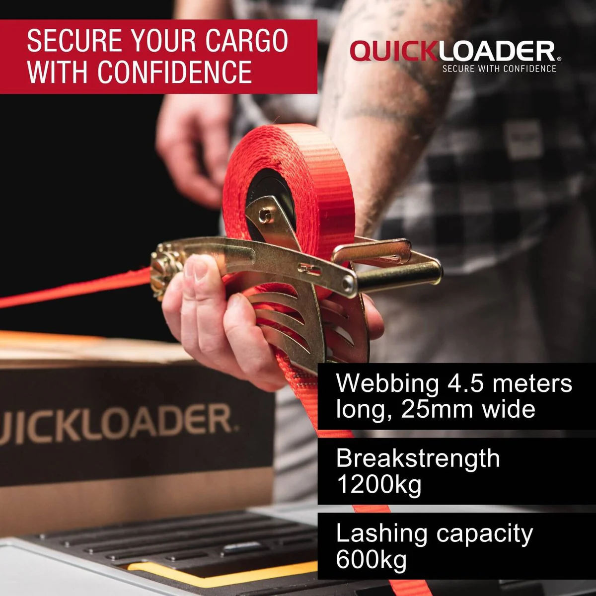 Quickloader Retractable Ratchet Strap Tie Down - 4.5m x 25mm - 600kg - 2 Pack - Durable Webbing - Image 3