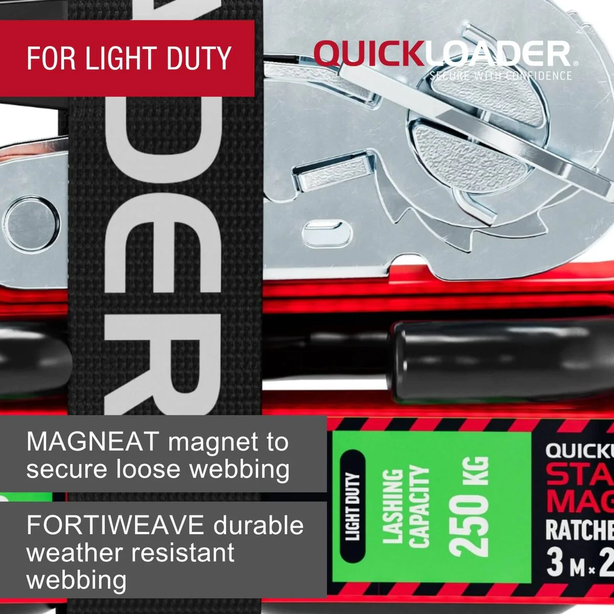 Quickloader Tie Down Strap Ratchet - 3m - 250kg Capacity - Red/Black - Weather Resistant - Image 3
