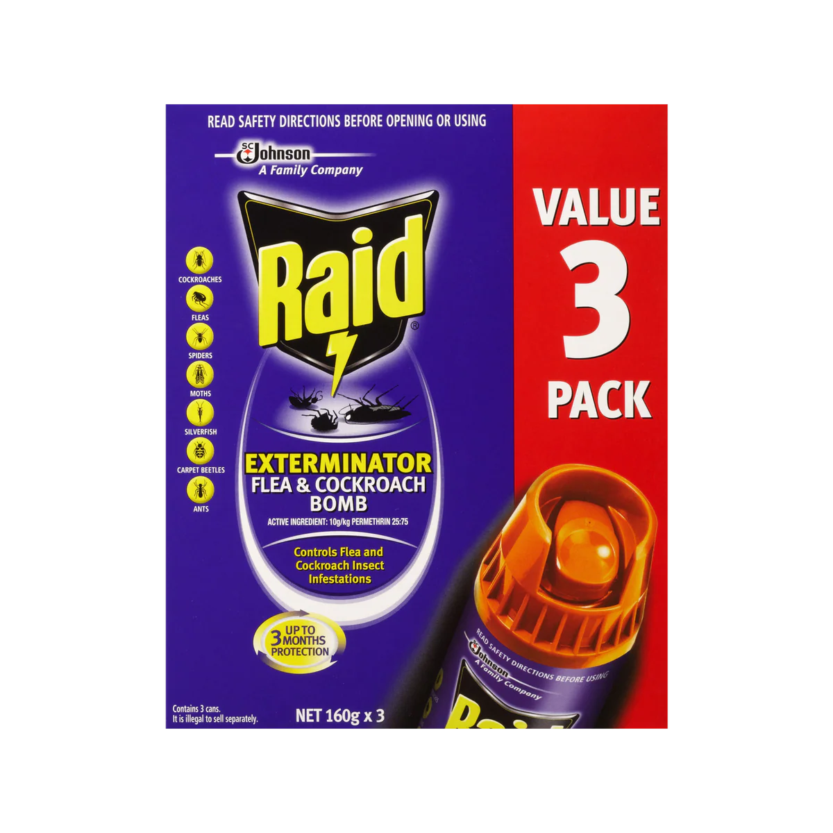 Raid Exterminator Flea and Cockroach Bomb 160g - 3 Pack - Indoor Use - Kills Pests