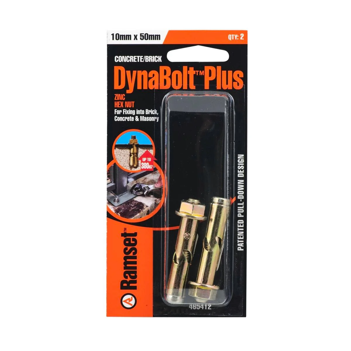 Ramset DynaBolt Plus 10mm Hex Nut Bolt 2 Pack Gold Zinc Steel